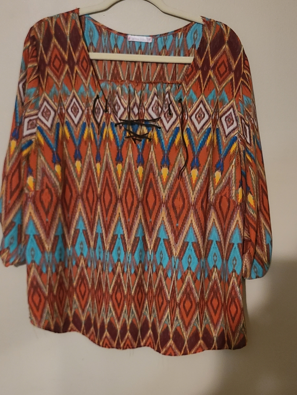 Free 2 Luv Women’s Boho Aztec Print Blouse in Rust and Turquoise